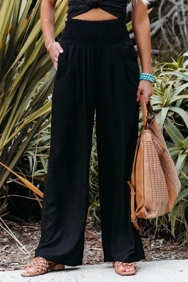 Women Drawstring Wide Leg Casual Pants Mid Waist Beach Trousers 7