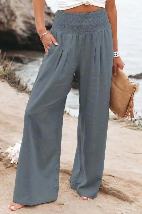 Women Drawstring Wide Leg Casual Pants Mid Waist Beach Trousers 8