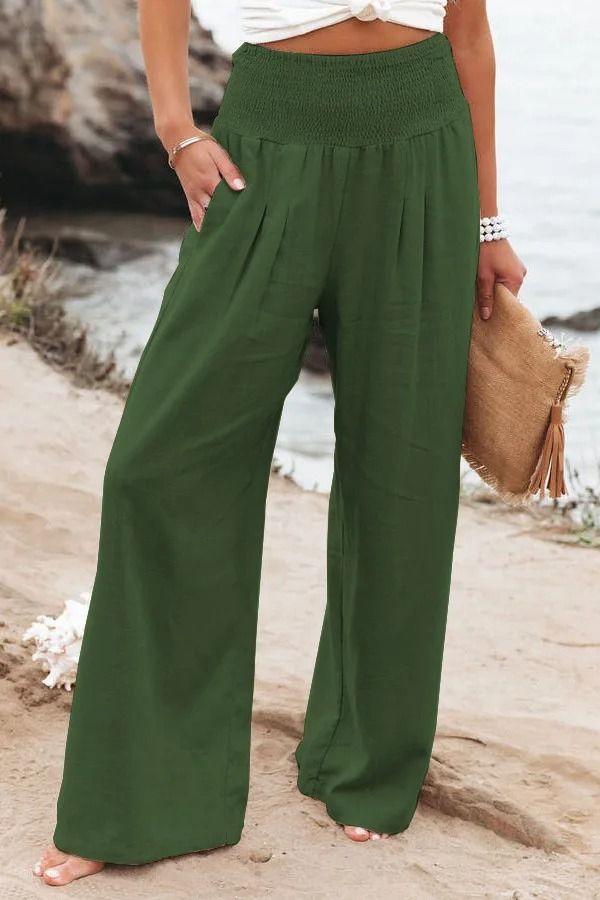Women Drawstring Wide Leg Casual Pants Mid Waist Beach Trousers 9