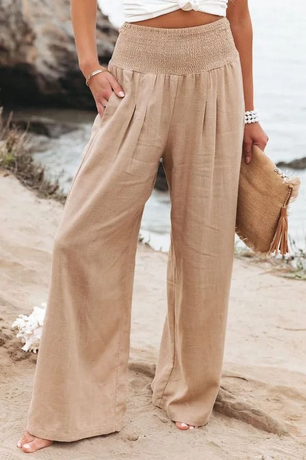 Women Drawstring Wide Leg Casual Pants Mid Waist Beach Trousers 10