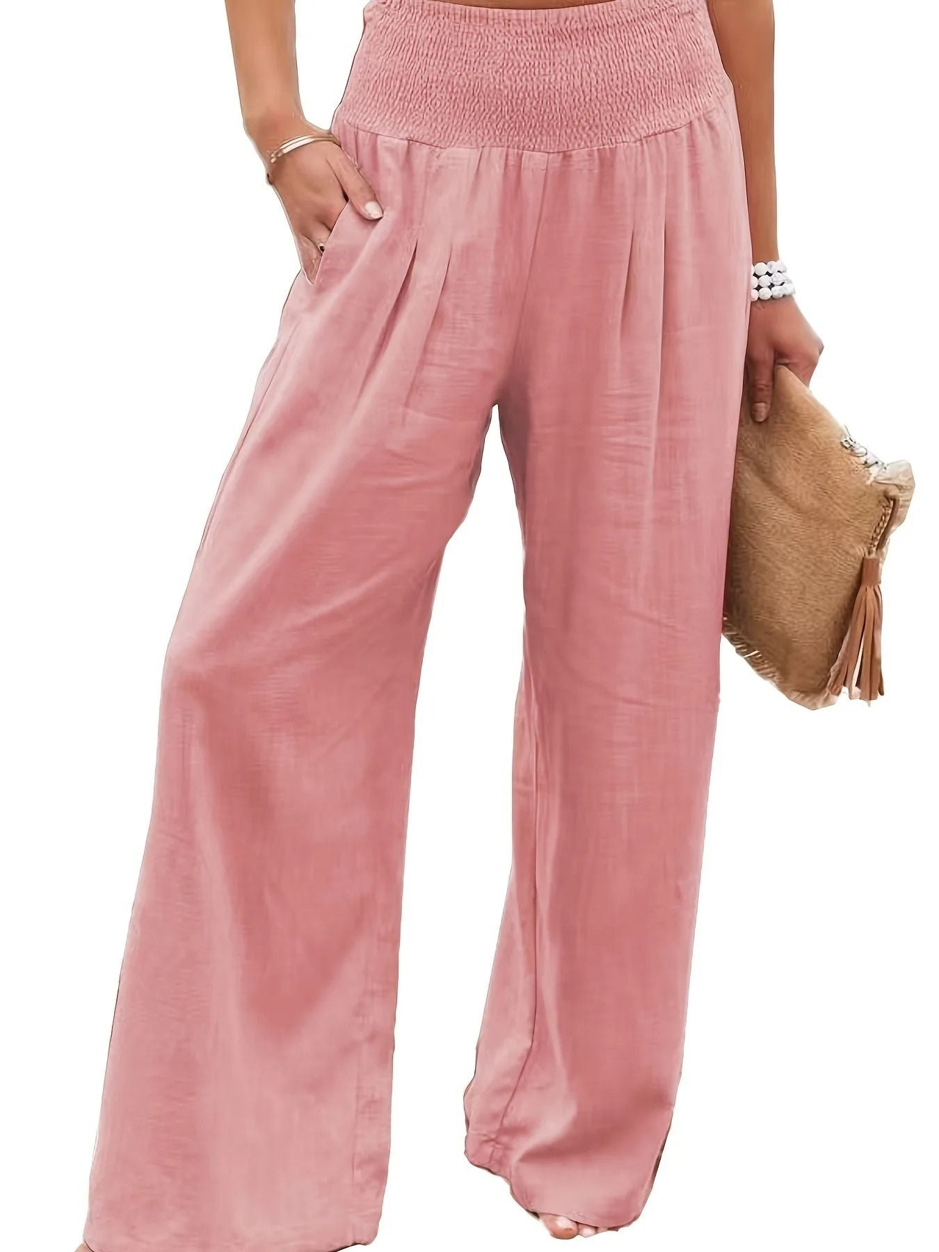 Women Drawstring Wide Leg Casual Pants Mid Waist Beach Trousers 11