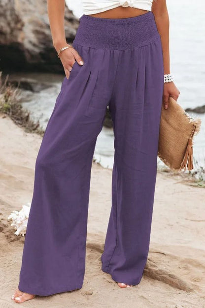 Women Drawstring Wide Leg Casual Pants Mid Waist Beach Trousers 12