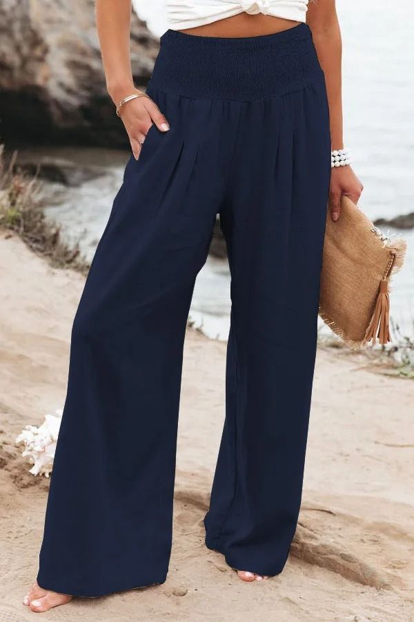 Women Drawstring Wide Leg Casual Pants Mid Waist Beach Trousers 14