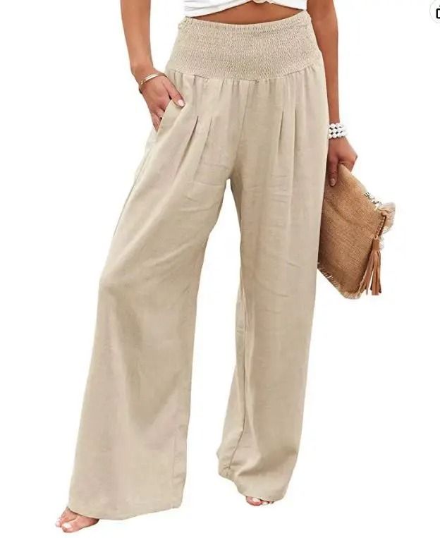 Women Drawstring Wide Leg Casual Pants Mid Waist Beach Trousers 15
