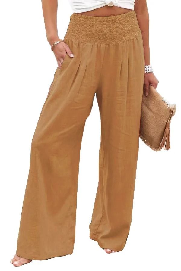 Women Drawstring Wide Leg Casual Pants Mid Waist Beach Trousers 16