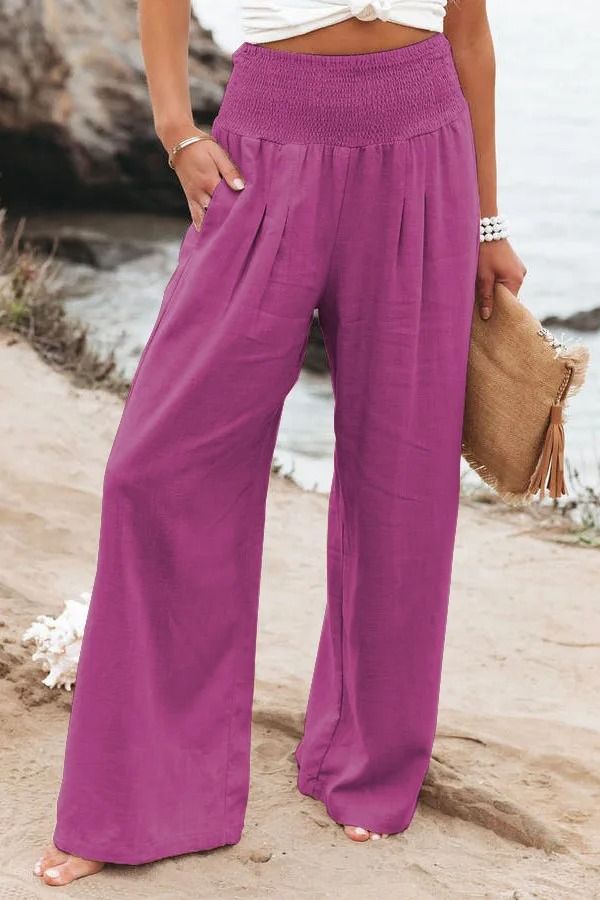 Women Drawstring Wide Leg Casual Pants Mid Waist Beach Trousers 17