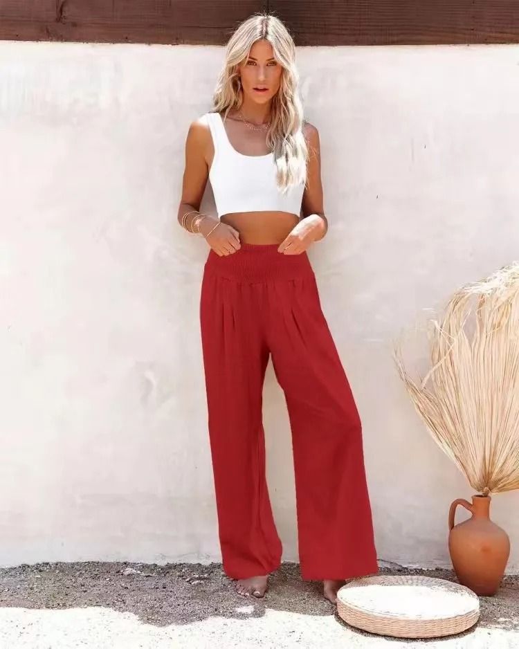 Women Drawstring Wide Leg Casual Pants Mid Waist Beach Trousers 18