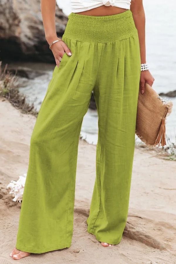 Women Drawstring Wide Leg Casual Pants Mid Waist Beach Trousers 19