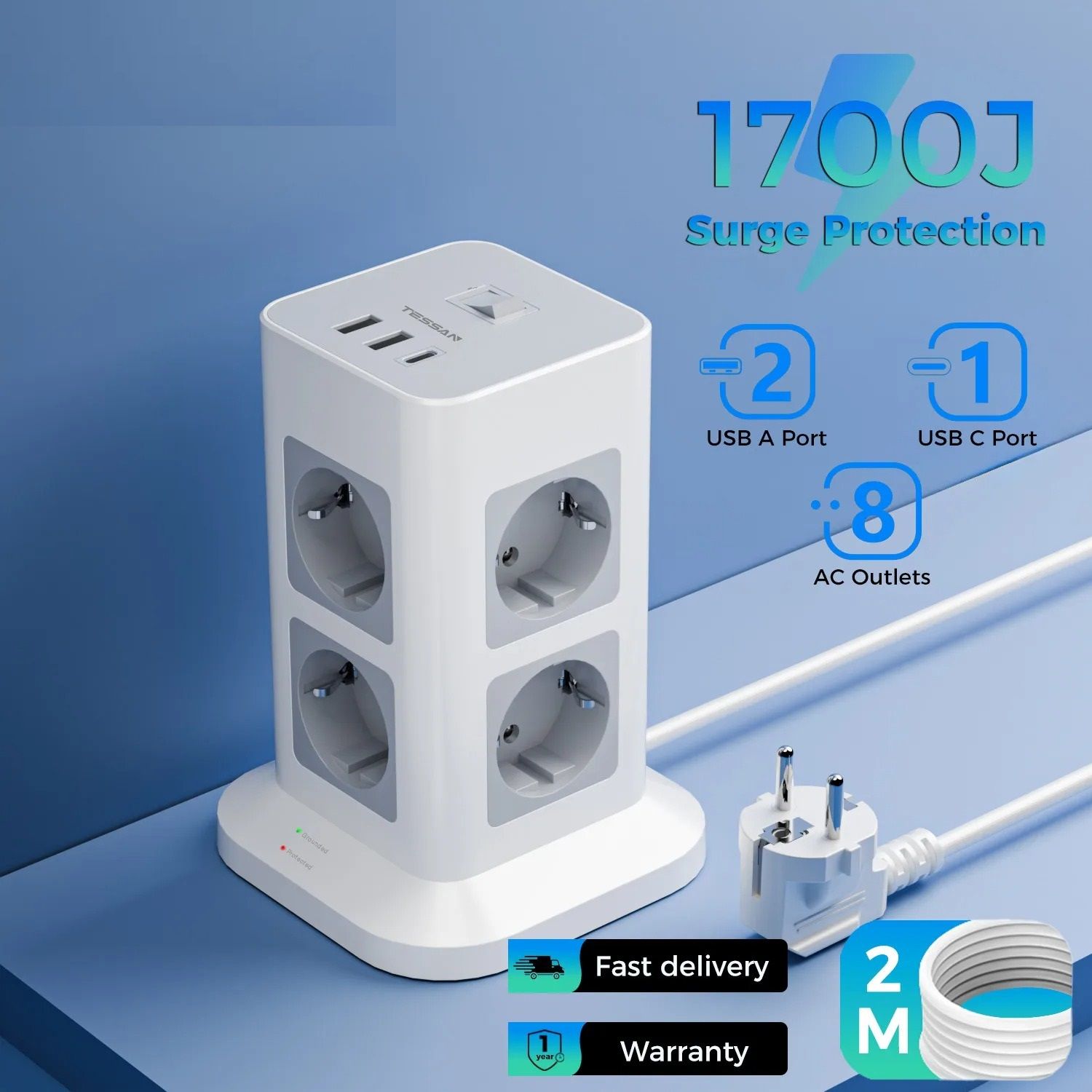 Compact Tower Power Strip with USB A USB C and a Long Extension Cord