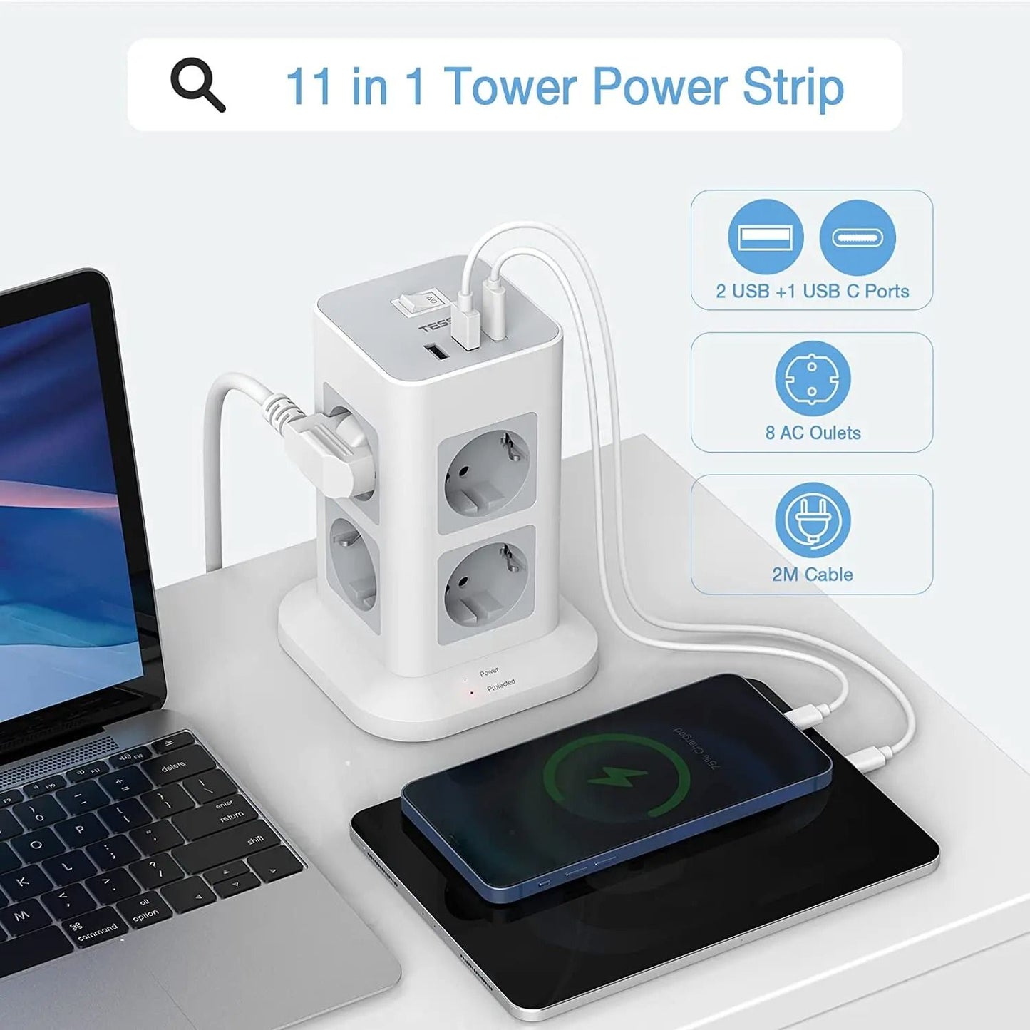 Compact Tower Power Strip With USB A USB C And A Long Extension Cord 1