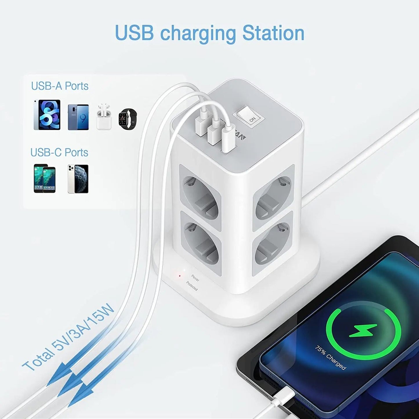 Compact Tower Power Strip With USB A USB C And A Long Extension Cord 2