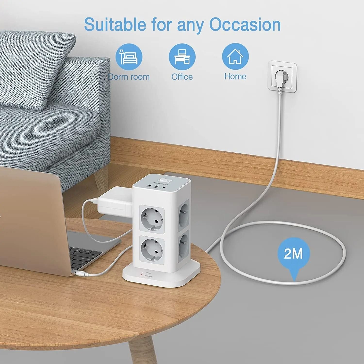 Compact Tower Power Strip With USB A USB C And A Long Extension Cord 4