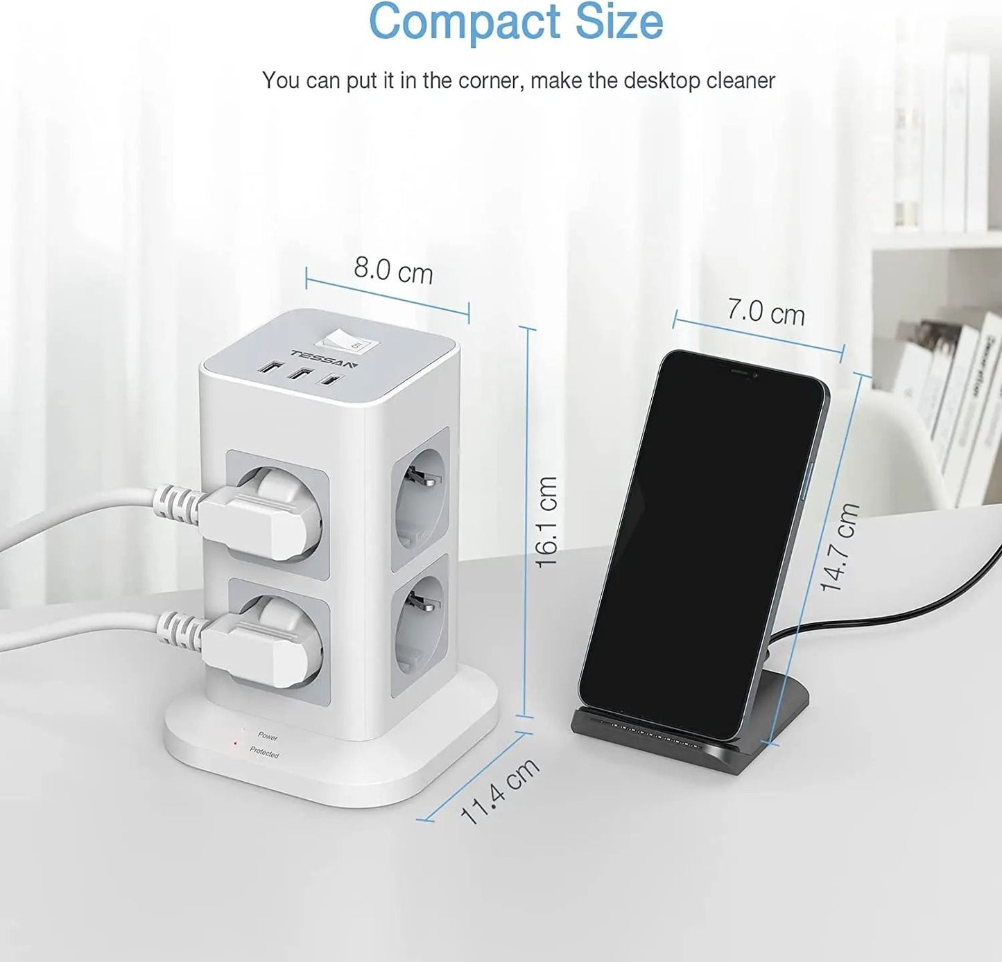 Compact Tower Power Strip With USB A USB C And A Long Extension Cord 5