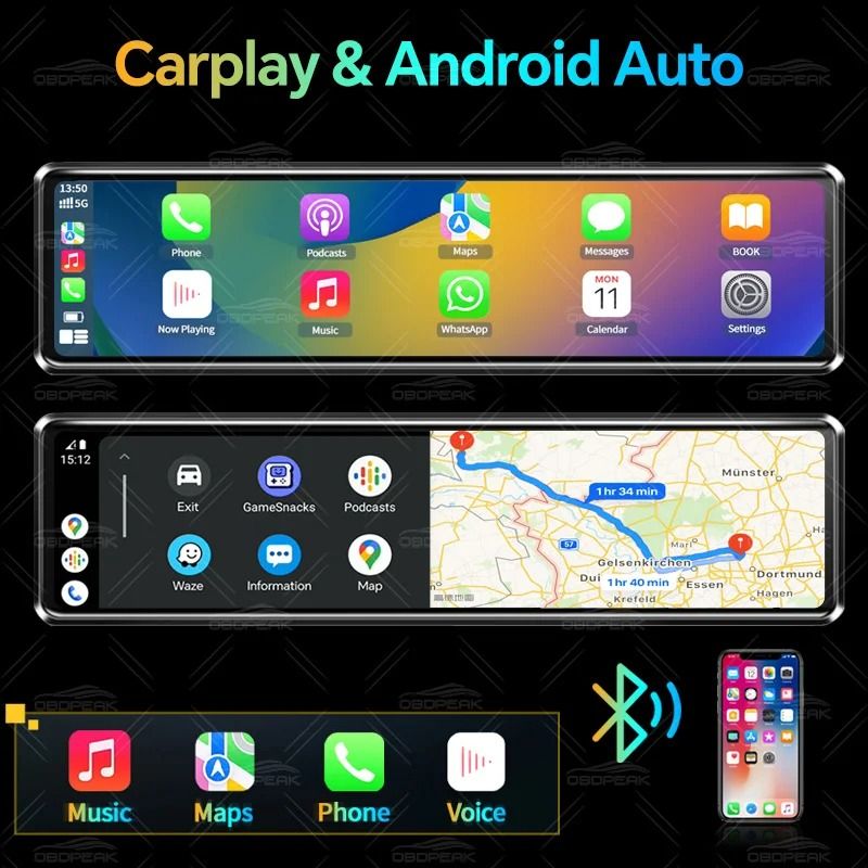 Premium 4K Smart Mirror Dash Cam With CarPlay Android Auto Dual Lens GPS Navigation 1