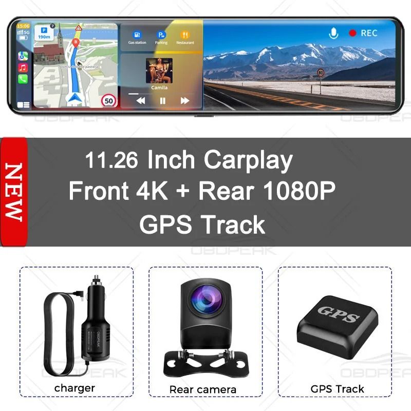 Premium 4K Smart Mirror Dash Cam With CarPlay Android Auto Dual Lens GPS Navigation 6
