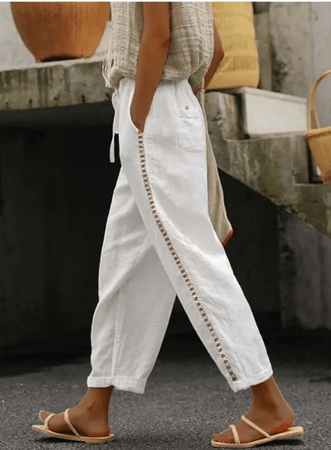 Womens White Lace Cropped Pants Casual Summer Loose Fit Trousers