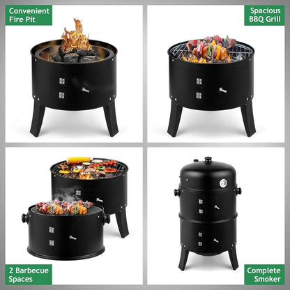 Vertical Charcoal BBQ Smoker 17 Inch Portable 3 In 1 Outdoor Grill With Thermometer 2