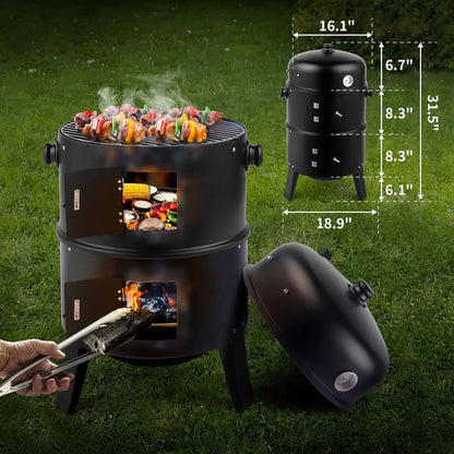 Vertical Charcoal BBQ Smoker 17 Inch Portable 3 In 1 Outdoor Grill With Thermometer 3