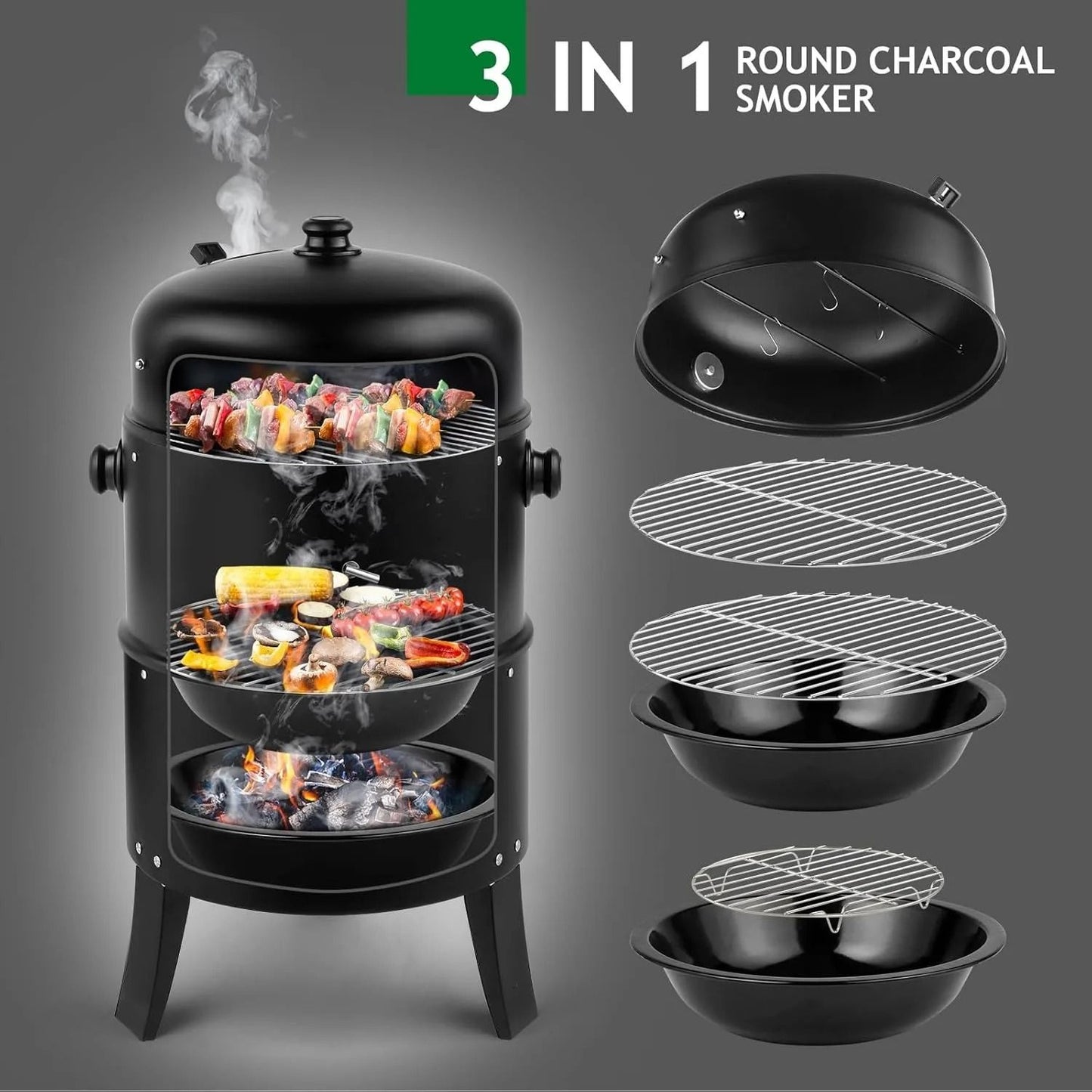 Vertical Charcoal BBQ Smoker 17 Inch Portable 3 In 1 Outdoor Grill With Thermometer 4