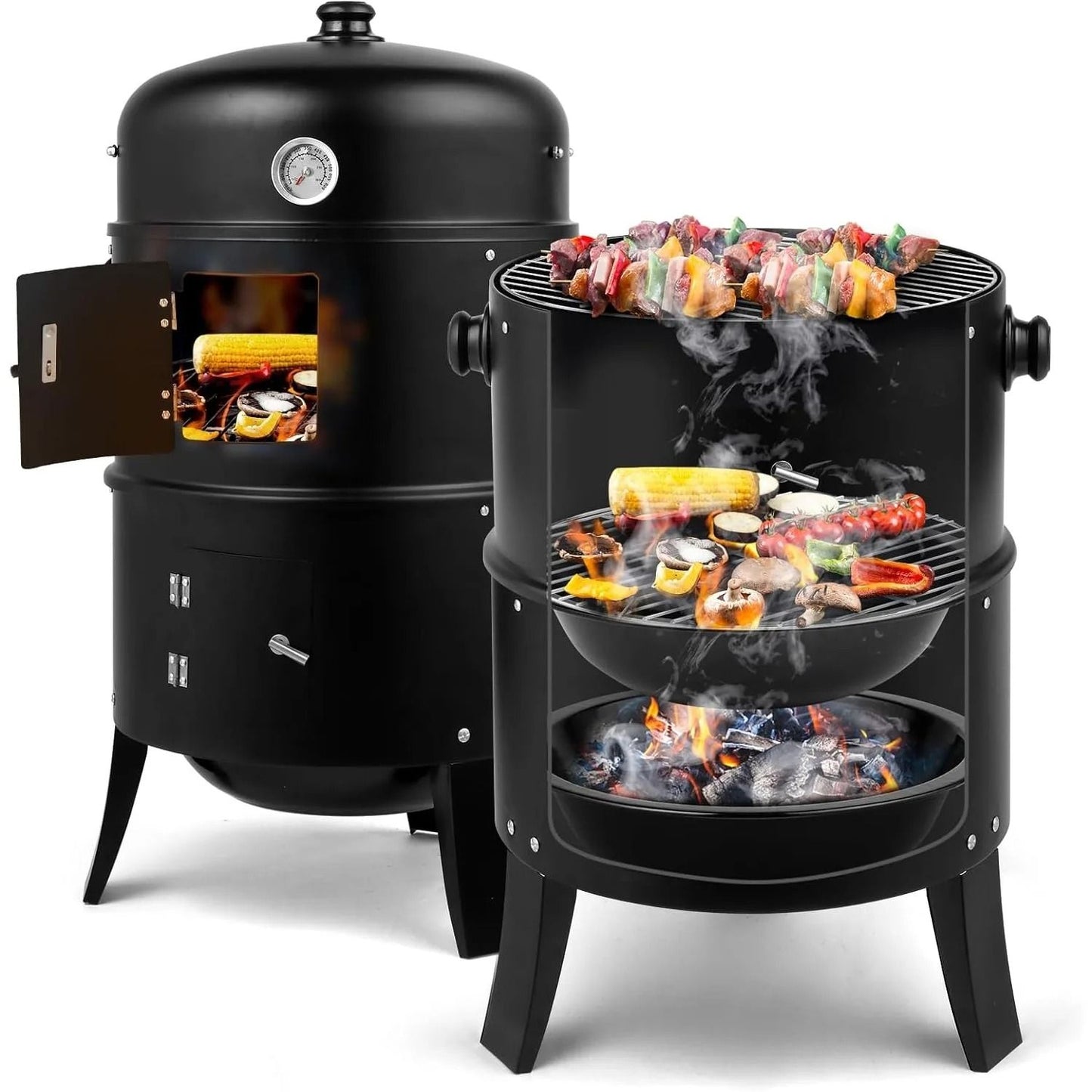 Vertical Charcoal BBQ Smoker 17 Inch Portable 3 In 1 Outdoor Grill With Thermometer 6