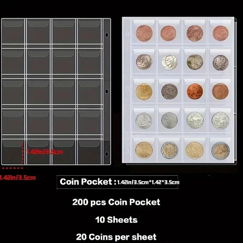 200 Pocket PU Leather Coin Collection Album With 10 Pages  Storage For Paper Currency 1