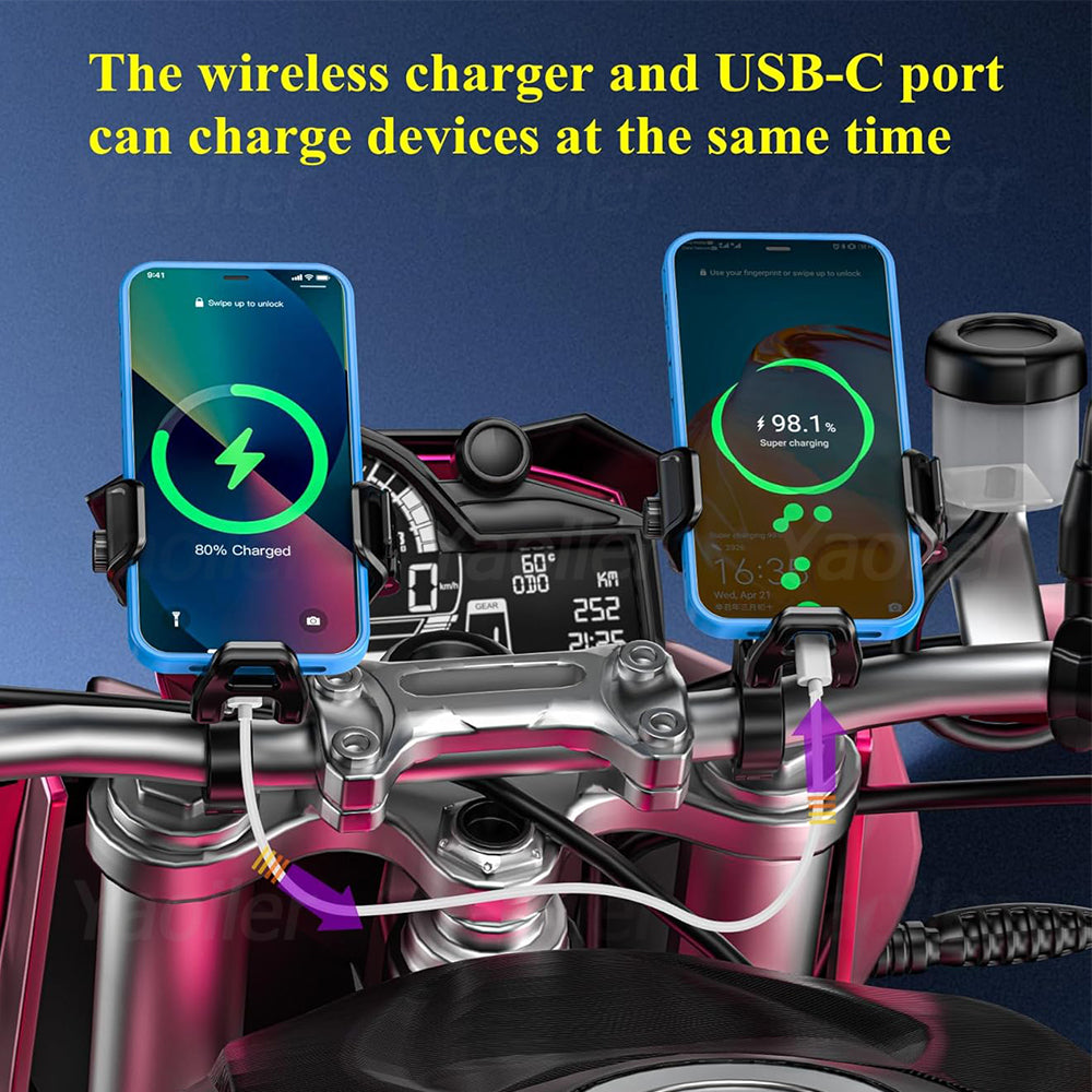 Motorcycle Phone Holder Handlebar Mount, Wireless Charger, USB-C Fast Charging, 1-Second Lock Release, Camera Friendly
