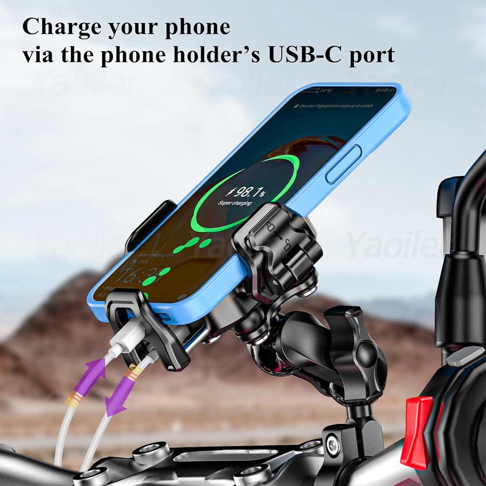 Motorcycle Phone Holder Handlebar Mount, Wireless Charger, USB-C Fast Charging, 1-Second Lock Release, Camera Friendly
