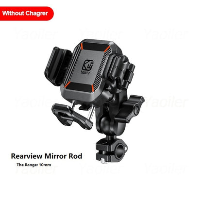 Motorcycle Phone Holder Handlebar Mount, Wireless Charger, USB-C Fast Charging, 1-Second Lock Release, Camera Friendly