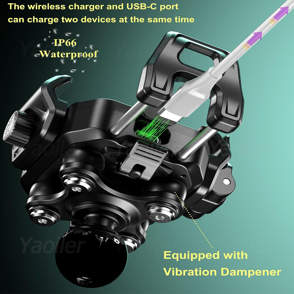 Motorcycle Phone Holder Handlebar Mount, Wireless Charger, USB-C Fast Charging, 1-Second Lock Release, Camera Friendly