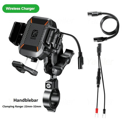 Motorcycle Phone Holder Handlebar Mount, Wireless Charger, USB-C Fast Charging, 1-Second Lock Release, Camera Friendly