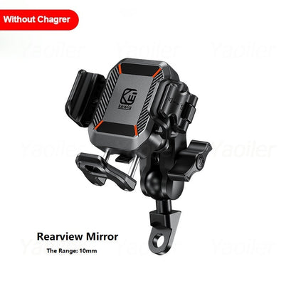Motorcycle Phone Holder Handlebar Mount, Wireless Charger, USB-C Fast Charging, 1-Second Lock Release, Camera Friendly