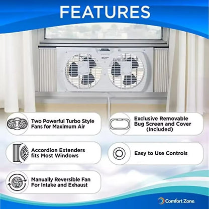 Twin Window Fan With Reversible Airflow  Dual Blade Expandable Panels  2Speed Cooling 1