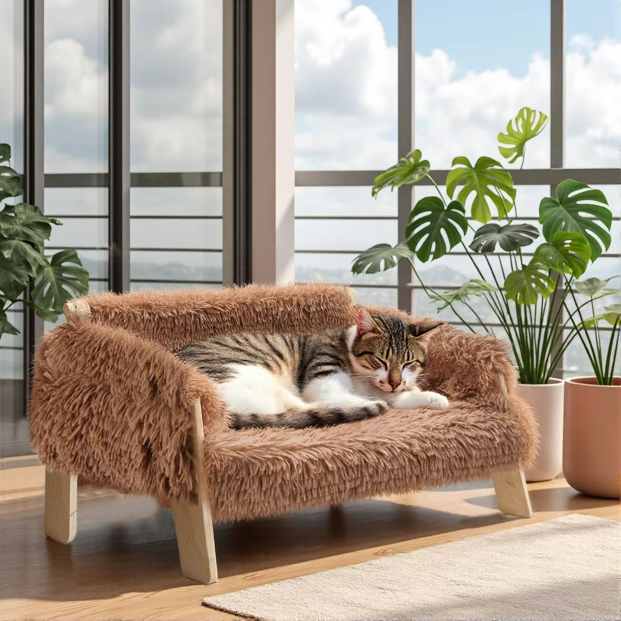 Plush Raised Cat Sofa Bed – Large Indoor Cat Bed with Wooden Legs & Soft Cushion