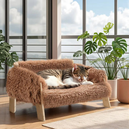 Plush Raised Cat Sofa Bed – Large Indoor Cat Bed with Wooden Legs & Soft Cushion