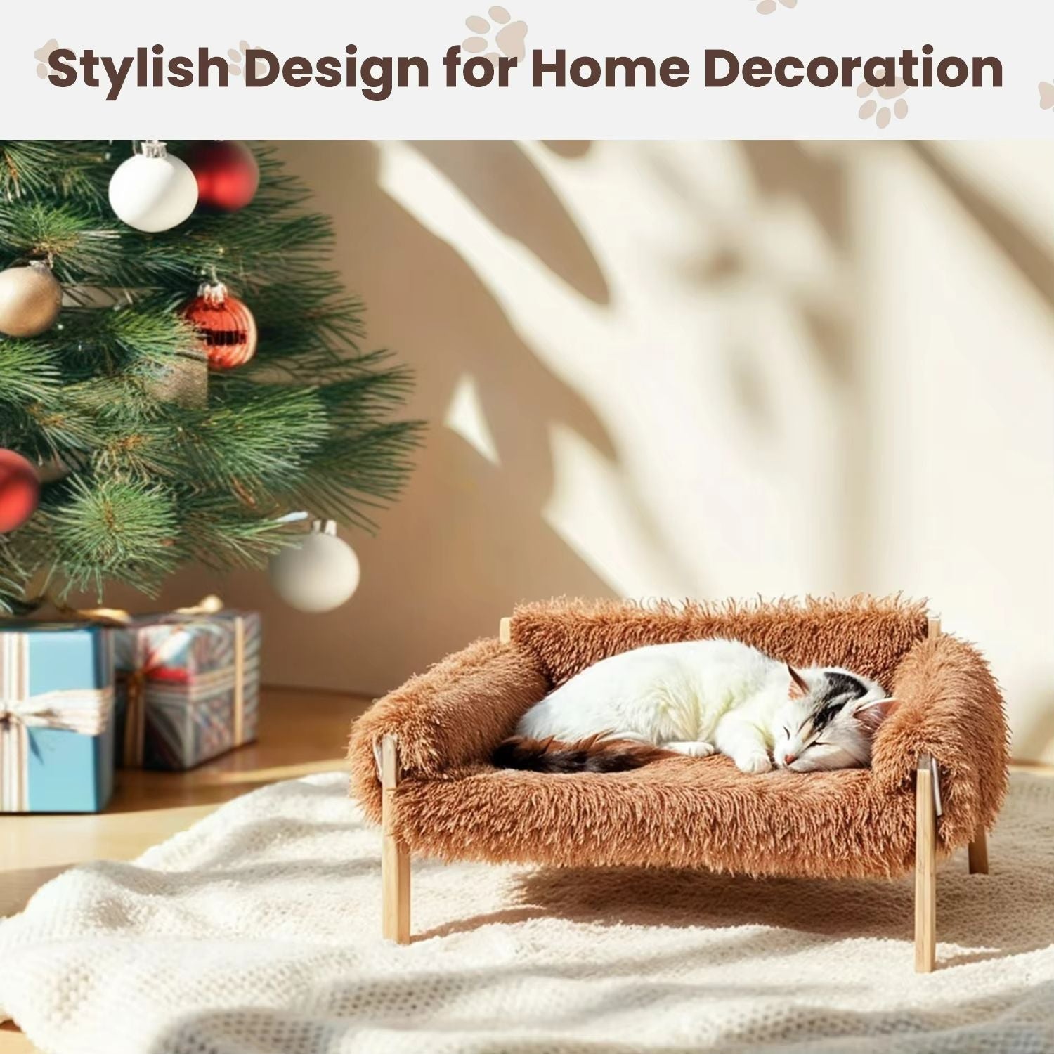 Plush Raised Cat Sofa Bed  Large Indoor Cat Bed With Wooden Legs  Soft Cushion 2