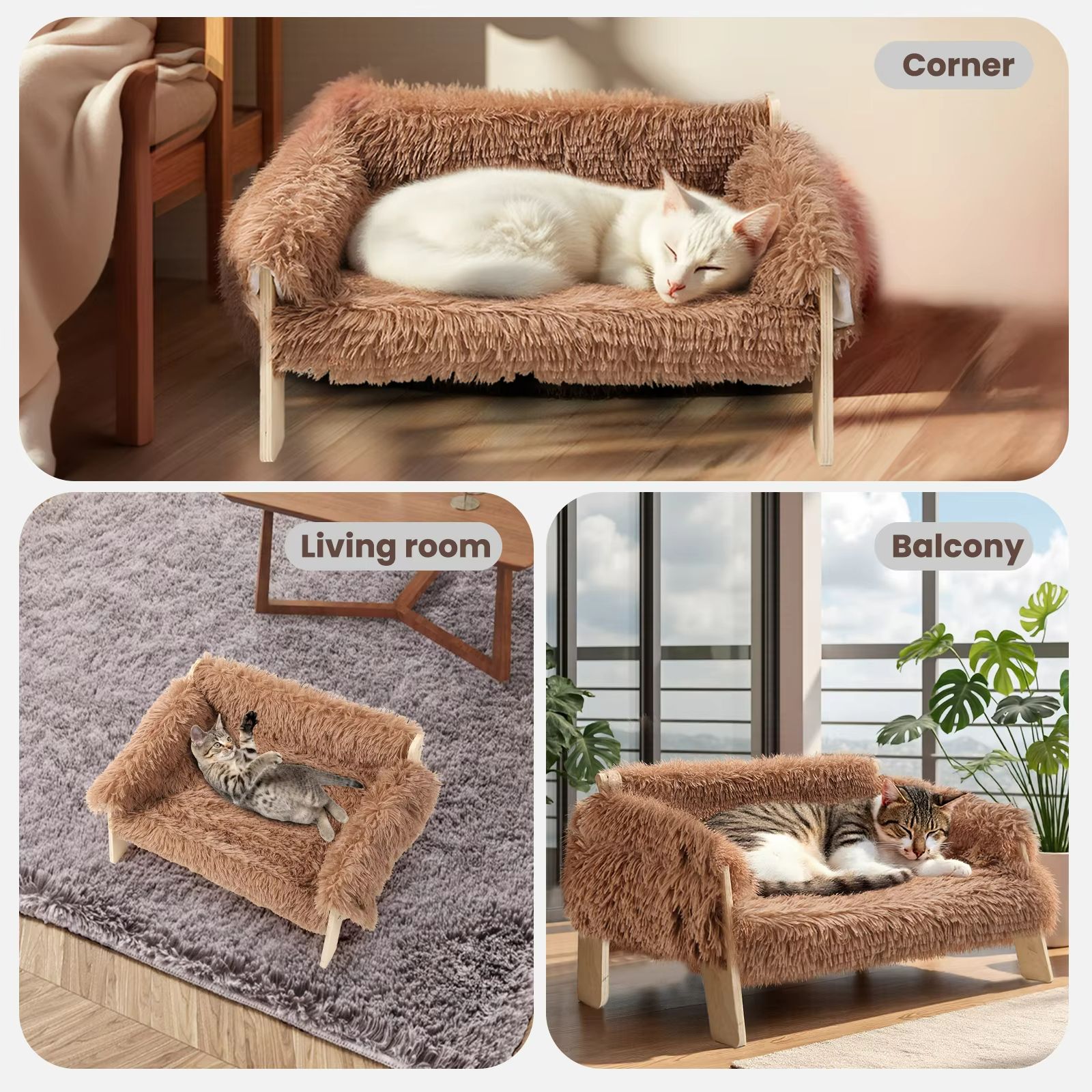 Plush Raised Cat Sofa Bed  Large Indoor Cat Bed With Wooden Legs  Soft Cushion 3