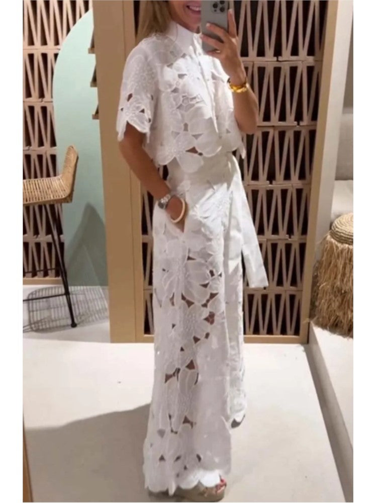 Fashionable Womens 2Piece Outfit SingleBreasted Shirt  WideLeg Pants Set  Elegant Hollow Suit For C 1