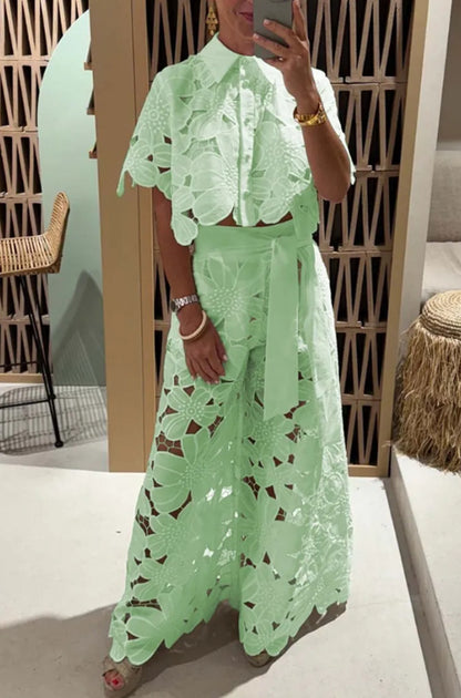 Fashionable Womens 2Piece Outfit SingleBreasted Shirt  WideLeg Pants Set  Elegant Hollow Suit For C 4