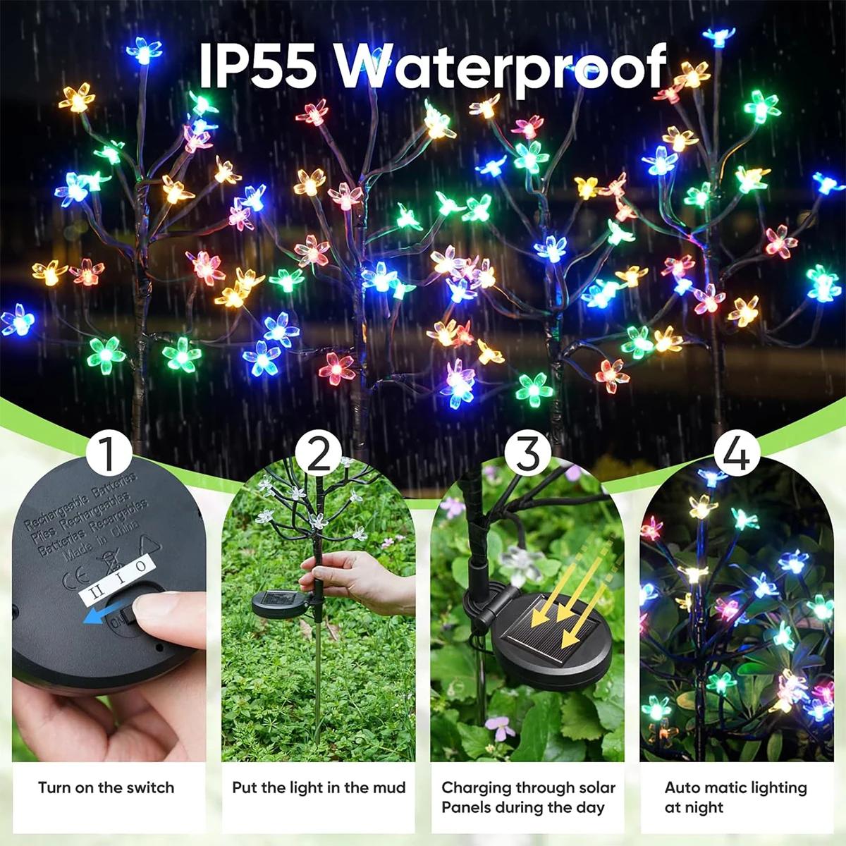 Waterproof Solar Cherry Blossom Ground Lamp Lights, Flower Powered LED Courtyard Garden Pathway Outdoor Lighting