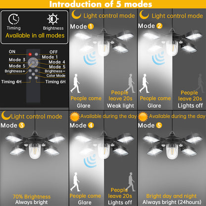 Solar Powered Barn Light Solar Shed Light with Dual Motion Sensor, Remote Control Solar Pendant Lamp Indoor Outdoor