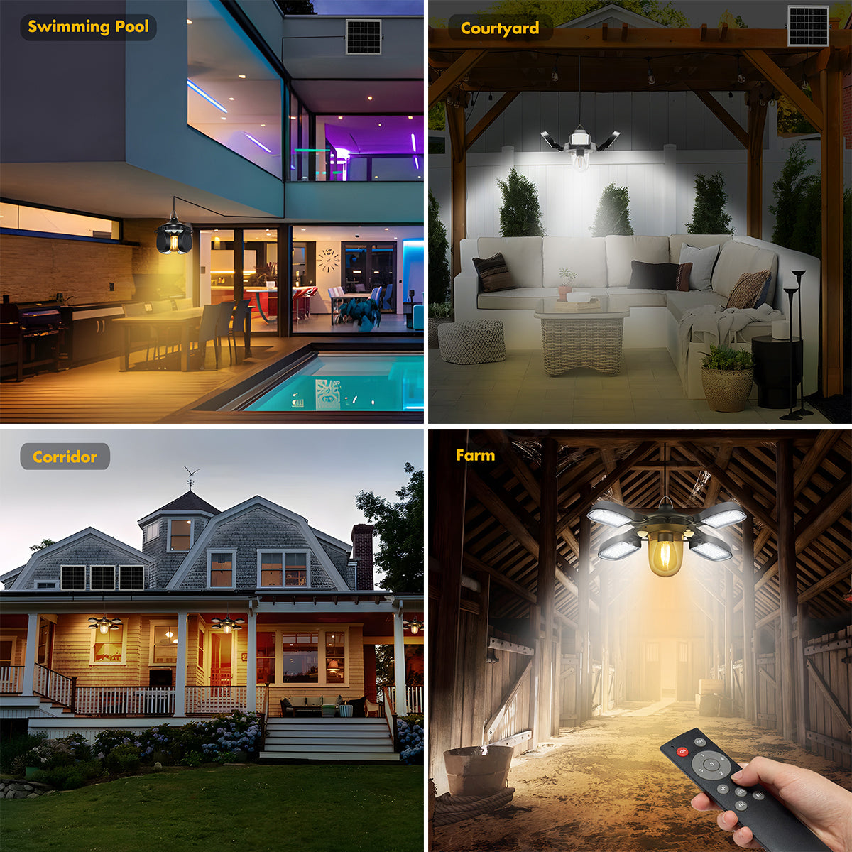 Solar Powered Barn Light Solar Shed Light with Dual Motion Sensor, Remote Control Solar Pendant Lamp Indoor Outdoor
