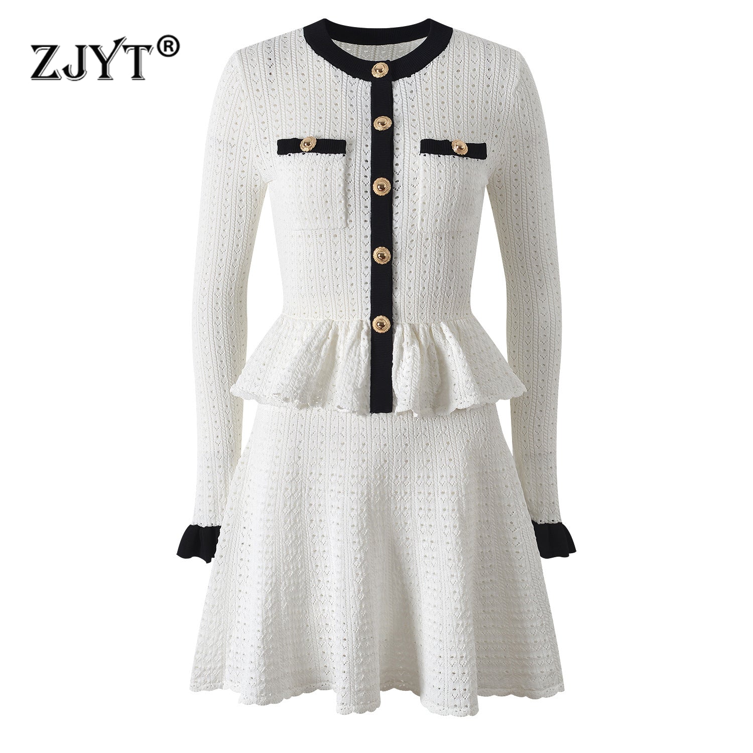 Elegant Hit Color Ruffles Knitting Sweater Dresses For Women New Autumn Flare Sleeves Patchwork Whi 1