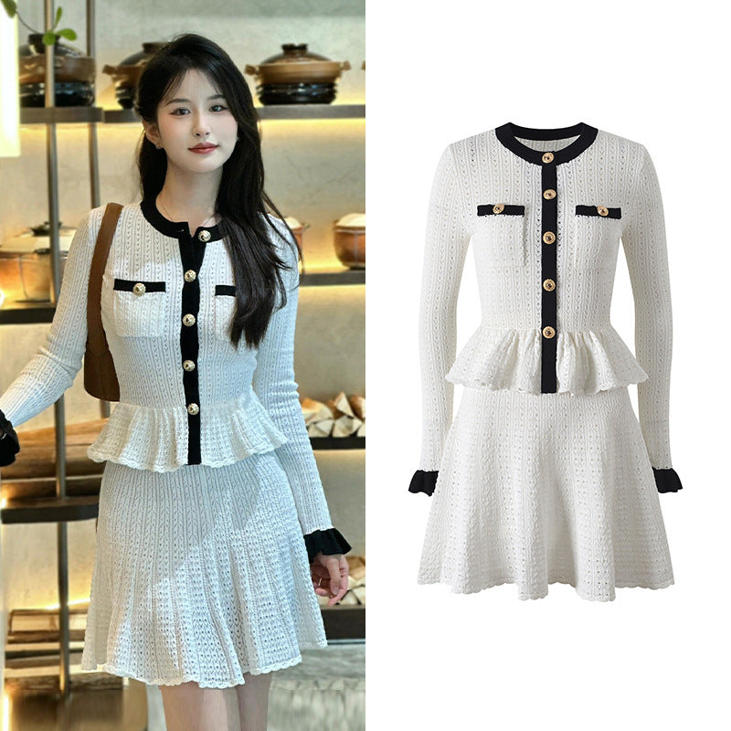 Elegant Hit Color Ruffles Knitting Sweater Dresses for Women, New Autumn Flare Sleeves, Patchwork White Party Dress Robe