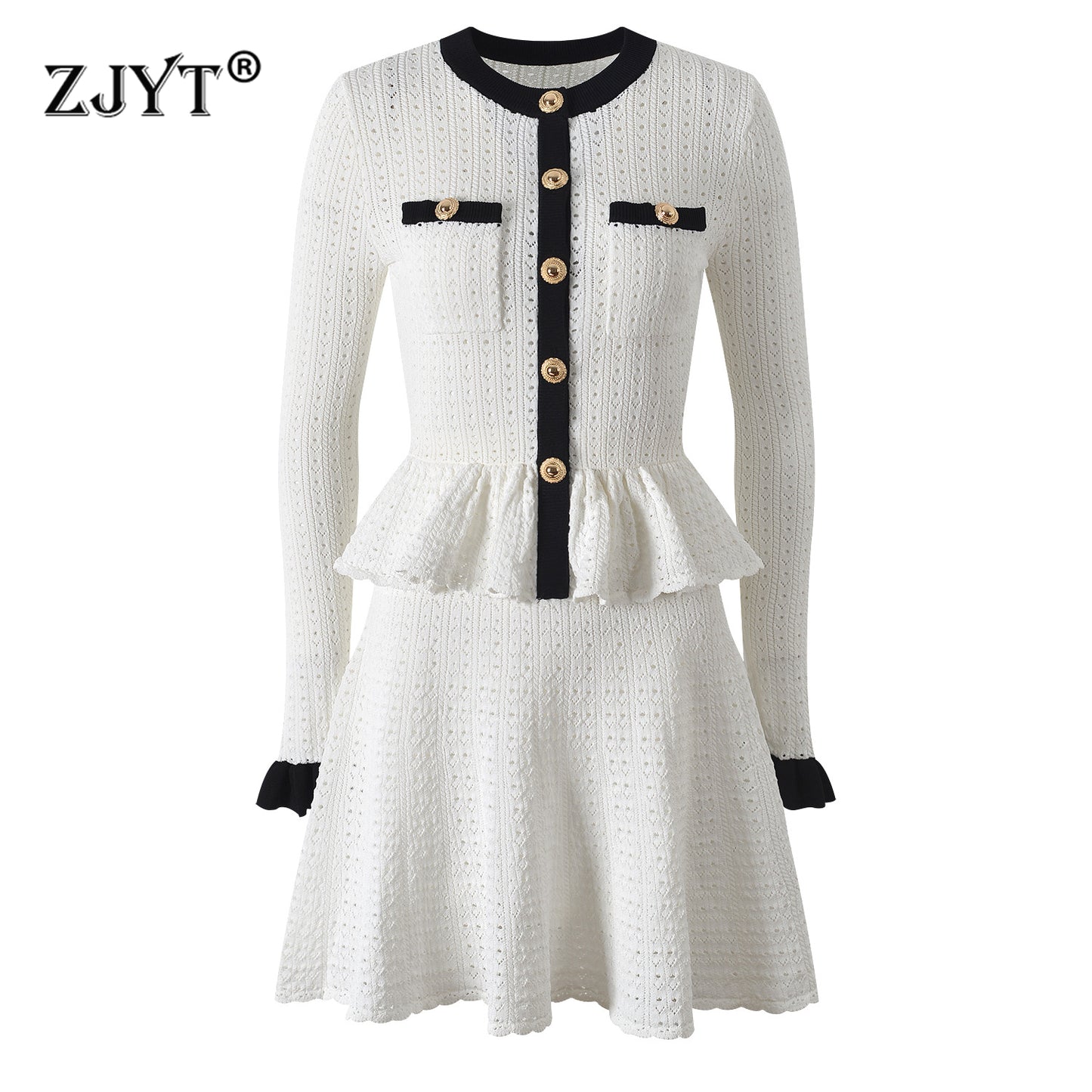 Elegant Hit Color Ruffles Knitting Sweater Dresses For Women New Autumn Flare Sleeves Patchwork Whi 7