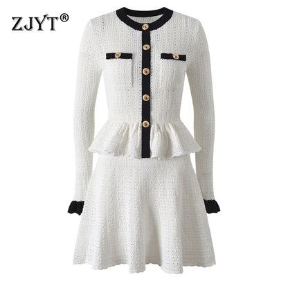 Elegant Hit Color Ruffles Knitting Sweater Dresses For Women New Autumn Flare Sleeves Patchwork Whi 7