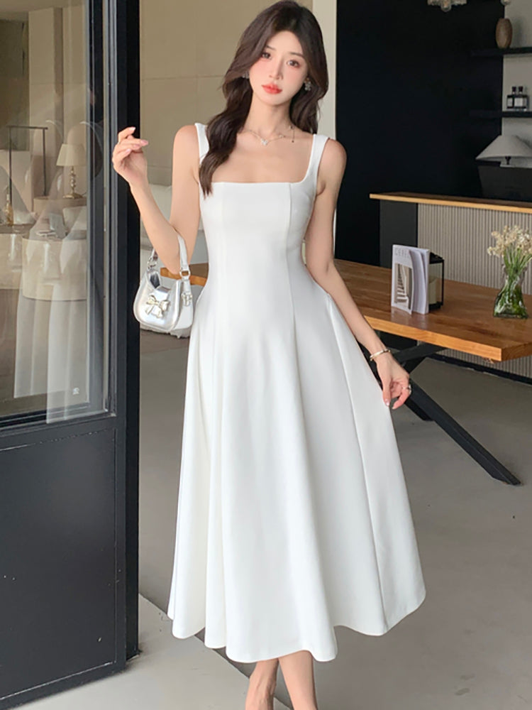 Elegant Luxury Dance Party Dress for Women, New White Square Collar Sling Sexy Long Dress, Summer Korean Vintage Bodycon