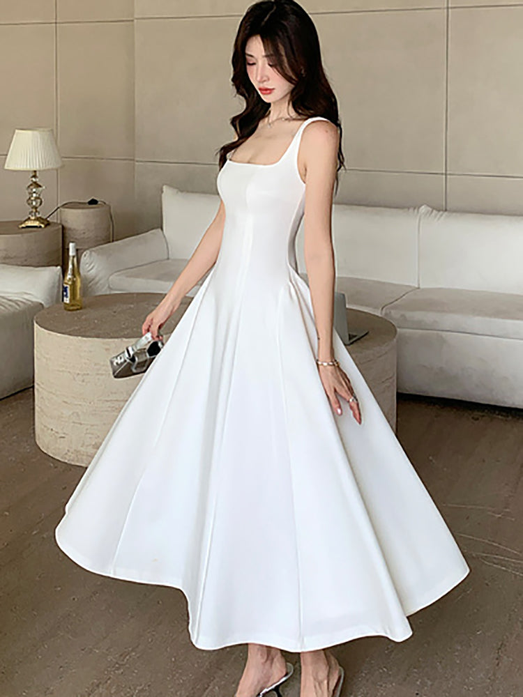 Elegant Luxury Dance Party Dress For Women New White Square Collar Sling Sexy Long Dress Summer Kor 4