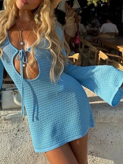 Women Sexy See Through White Knitted Mini Summer Dress, Vacation Beach Party Evening Outfit, Long Sleeve Short Vestido