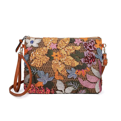 Womens Sequin Embroidered Clutch  Flower Straw Crossbody Bag For Summer Parties  Vacations 2