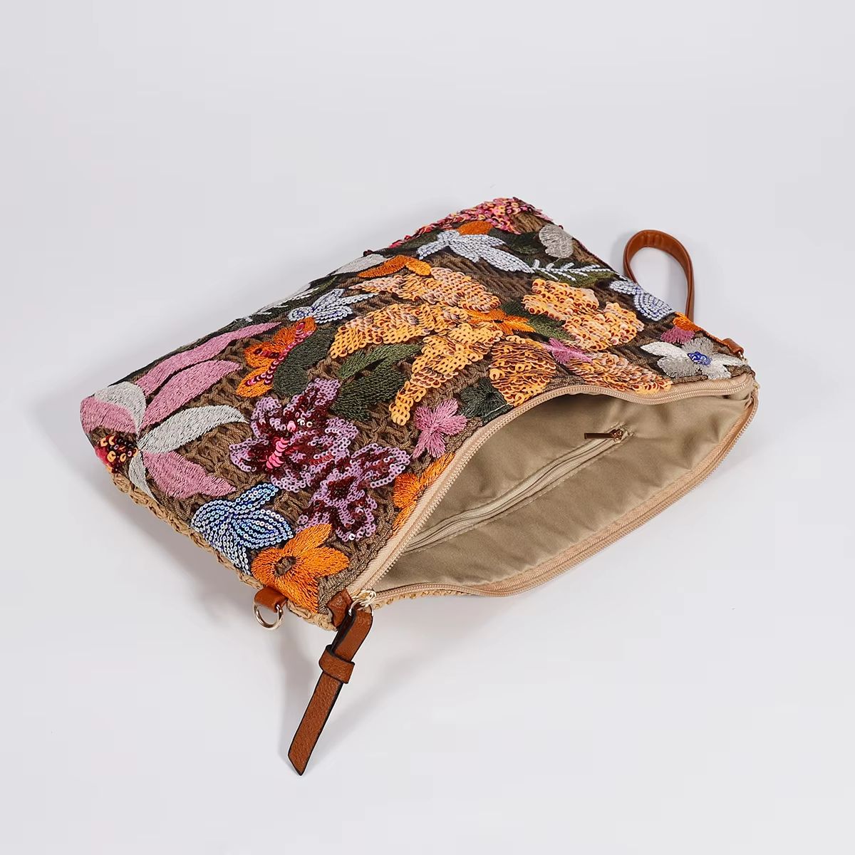 Womens Sequin Embroidered Clutch  Flower Straw Crossbody Bag For Summer Parties  Vacations 4